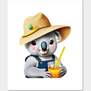 Chill Koala Vibes: Overalls, Straw Hat, and Soda Sips! Posters and Art